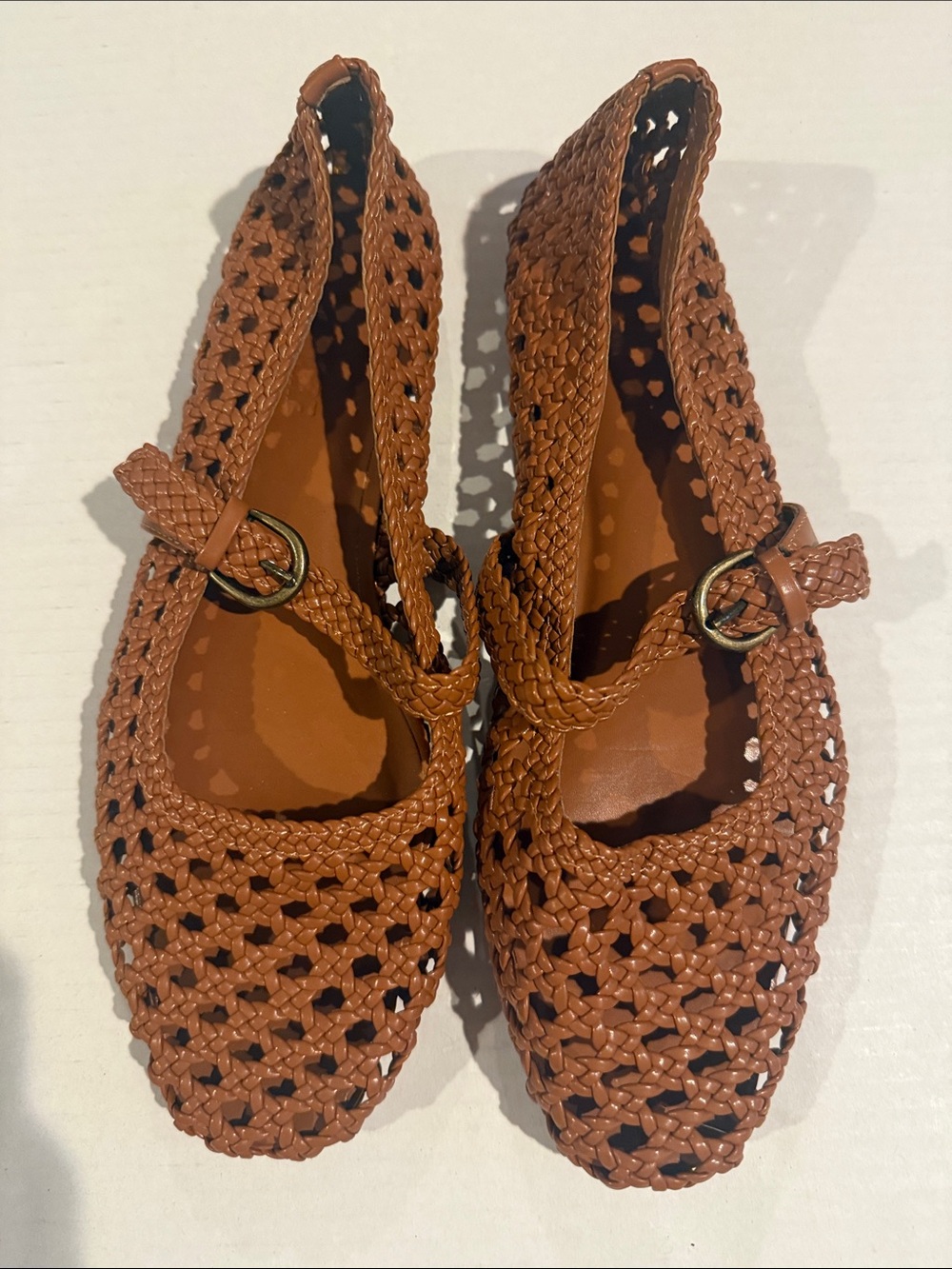 Woven Mary Jane Flats in Brown with Buckle Strap